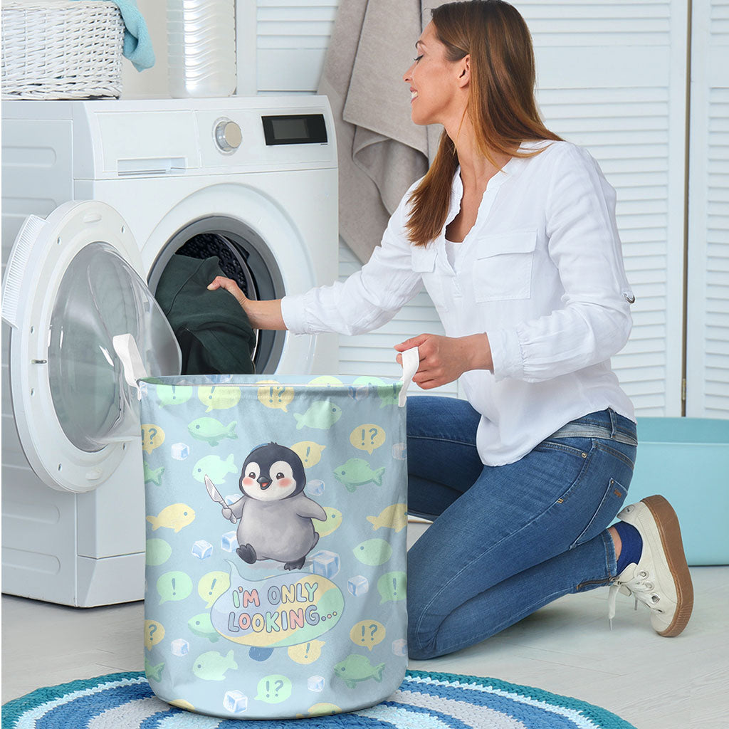 Sneaky Flipper Cute Penguin Holding Knife Laundry Basket Funny Chibi Penguin Graphic With Ice And Fish Pattern