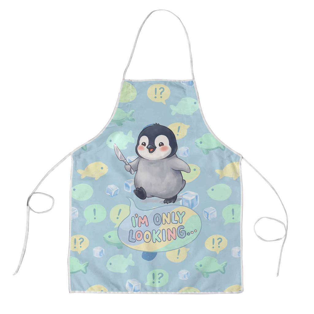 Sneaky Flipper Cute Penguin Holding Knife Apron Funny Chibi Penguin Graphic With Ice And Fish Pattern