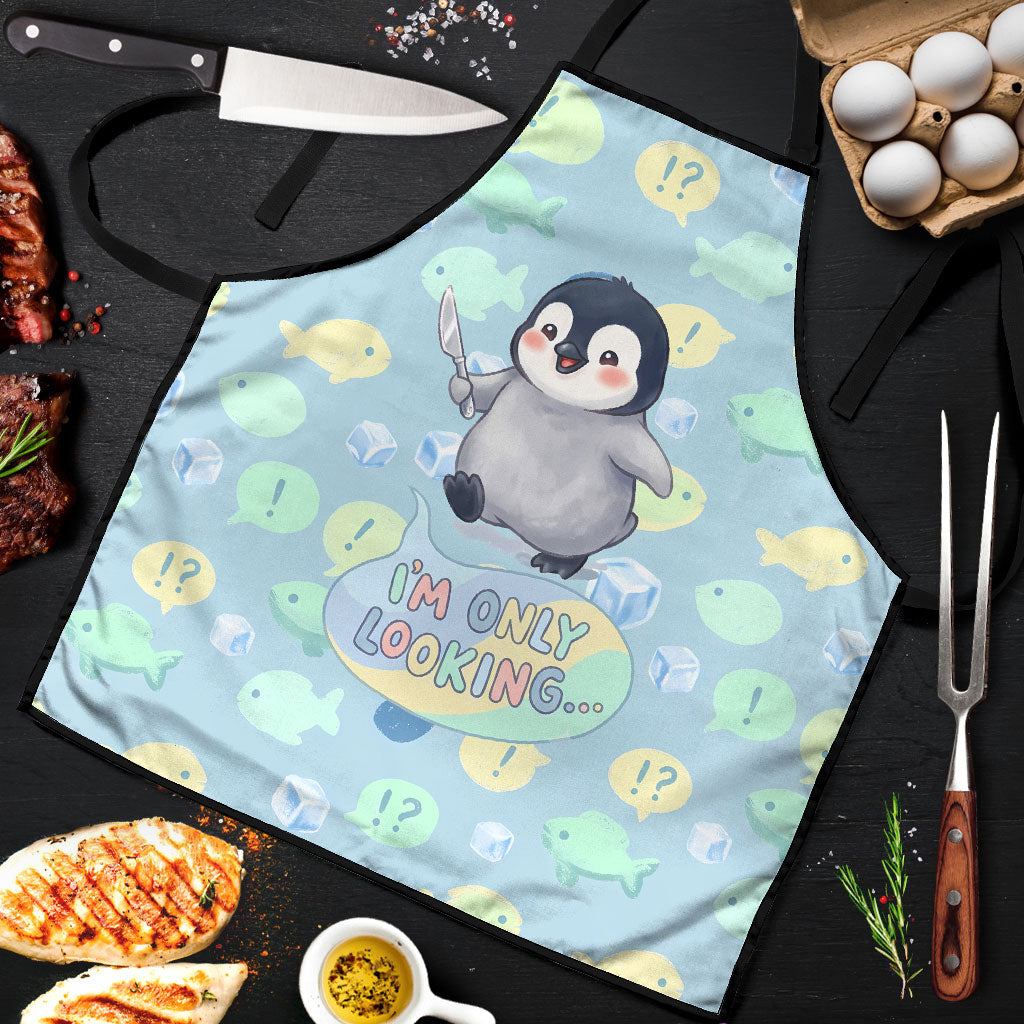 Sneaky Flipper Cute Penguin Holding Knife Apron Funny Chibi Penguin Graphic With Ice And Fish Pattern