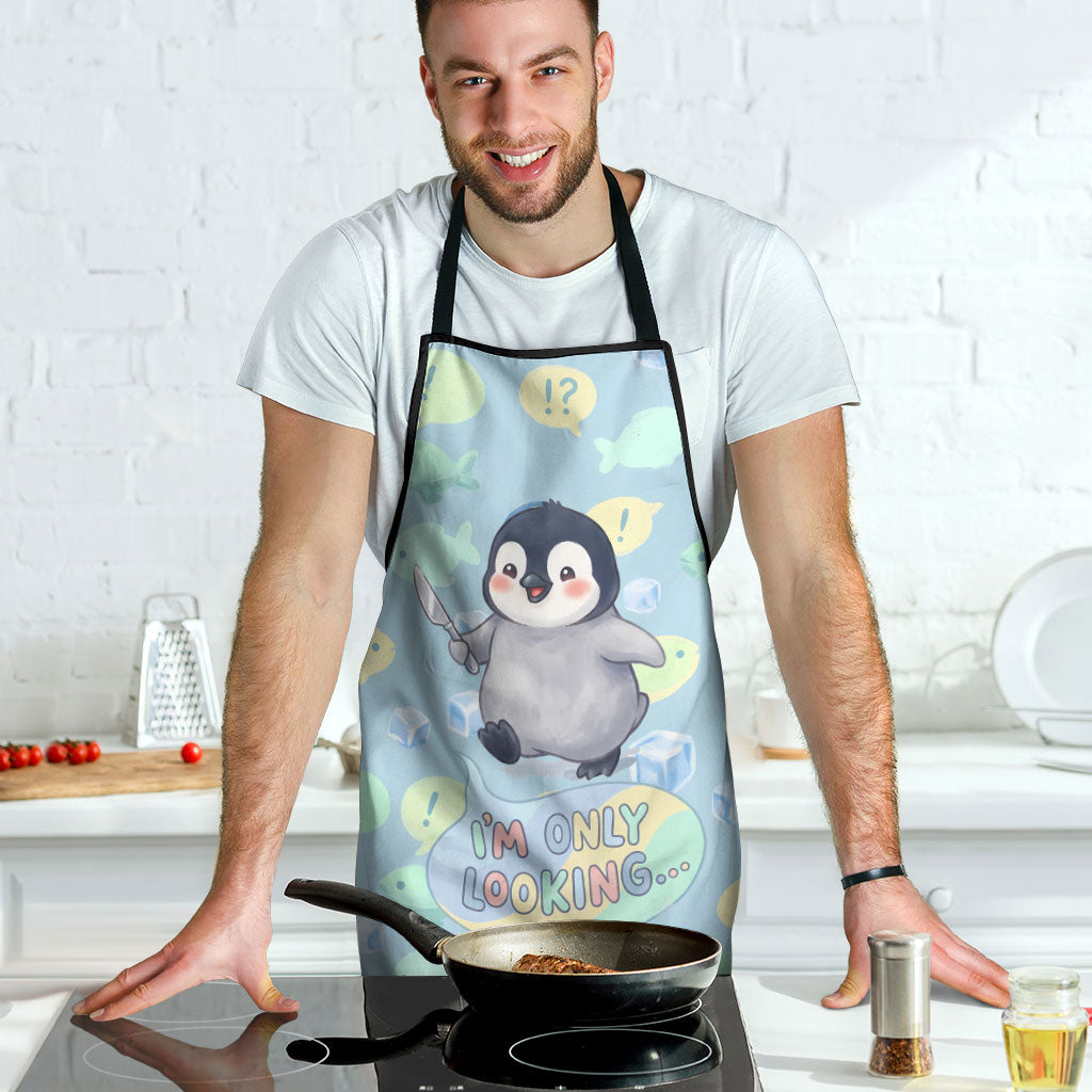 Sneaky Flipper Cute Penguin Holding Knife Apron Funny Chibi Penguin Graphic With Ice And Fish Pattern