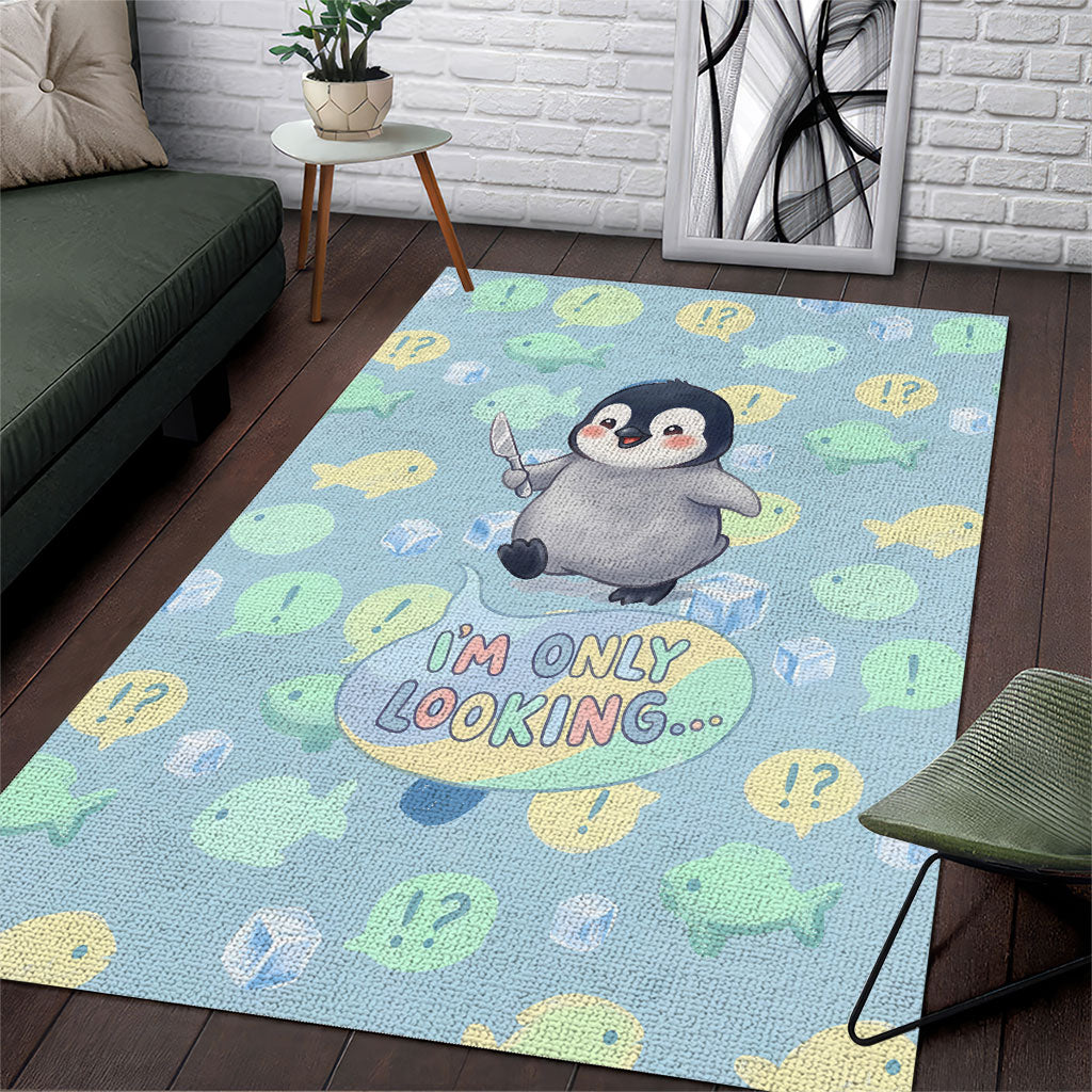 Sneaky Flipper Cute Penguin Holding Knife Area Rug Funny Chibi Penguin Graphic With Ice And Fish Pattern