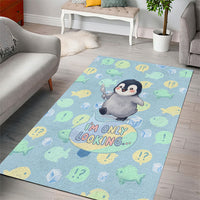Sneaky Flipper Cute Penguin Holding Knife Area Rug Funny Chibi Penguin Graphic With Ice And Fish Pattern