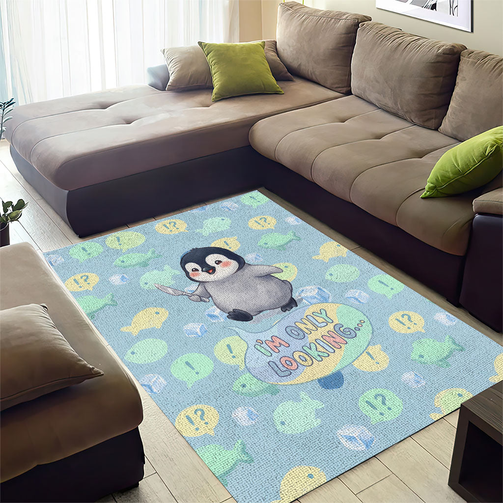 Sneaky Flipper Cute Penguin Holding Knife Area Rug Funny Chibi Penguin Graphic With Ice And Fish Pattern