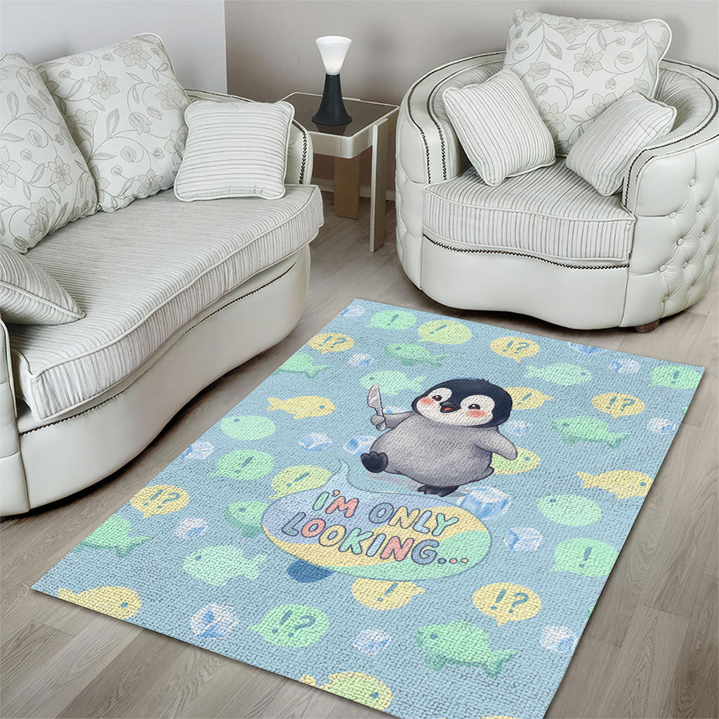 Sneaky Flipper Cute Penguin Holding Knife Area Rug Funny Chibi Penguin Graphic With Ice And Fish Pattern