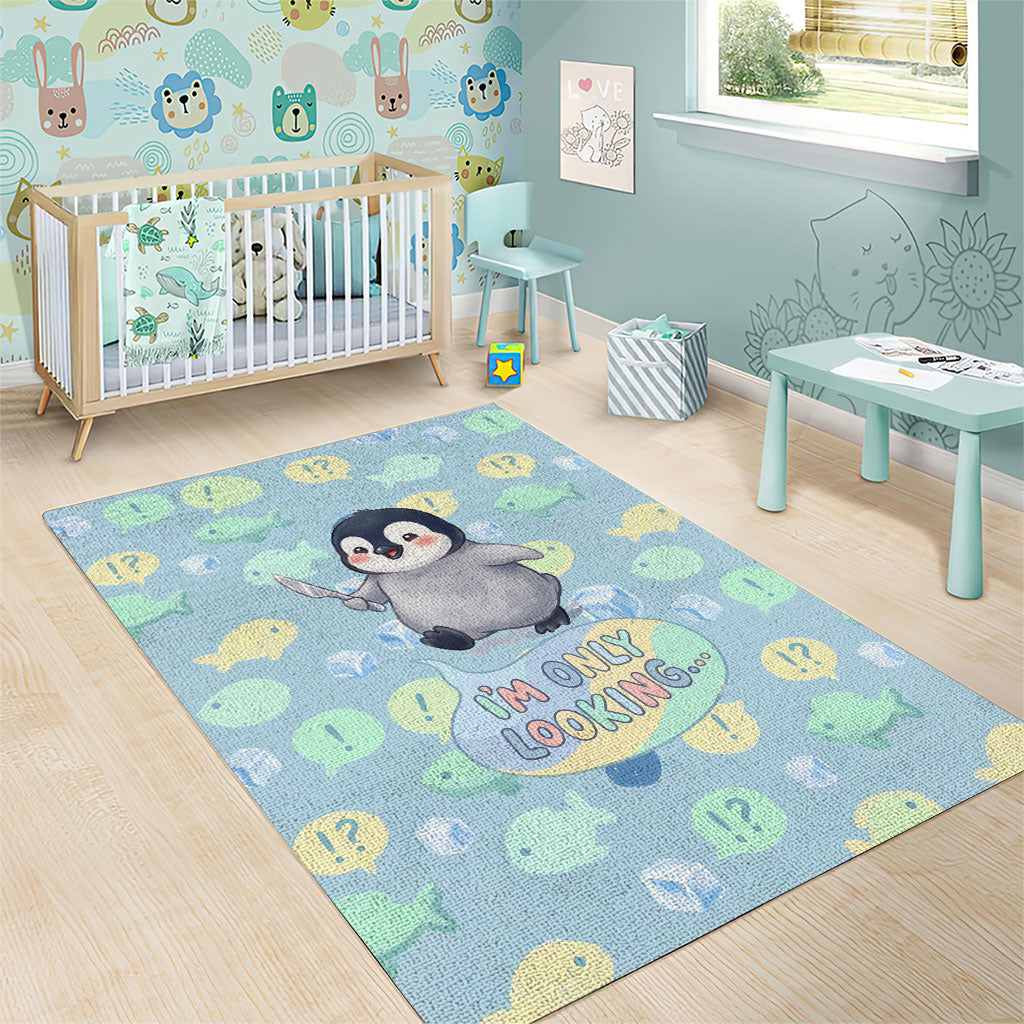 Sneaky Flipper Cute Penguin Holding Knife Area Rug Funny Chibi Penguin Graphic With Ice And Fish Pattern