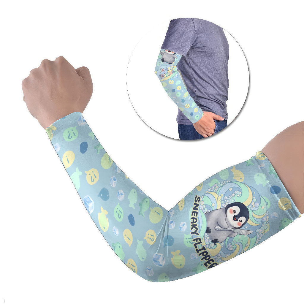 Sneaky Flipper Cute Penguin Holding Knife Arm Sleeves Funny Chibi Penguin Graphic With Ice And Fish Pattern