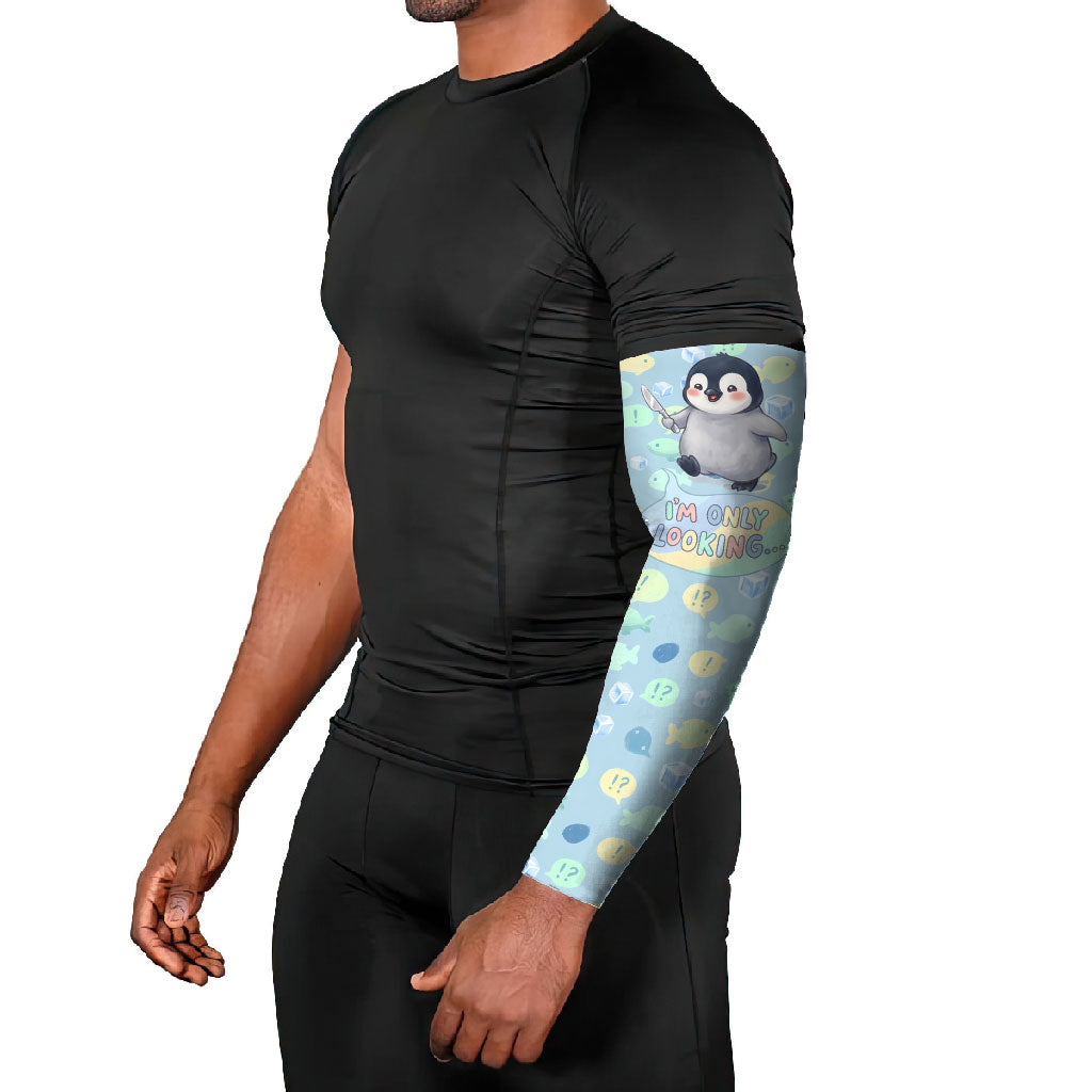 Sneaky Flipper Cute Penguin Holding Knife Arm Sleeves Funny Chibi Penguin Graphic With Ice And Fish Pattern