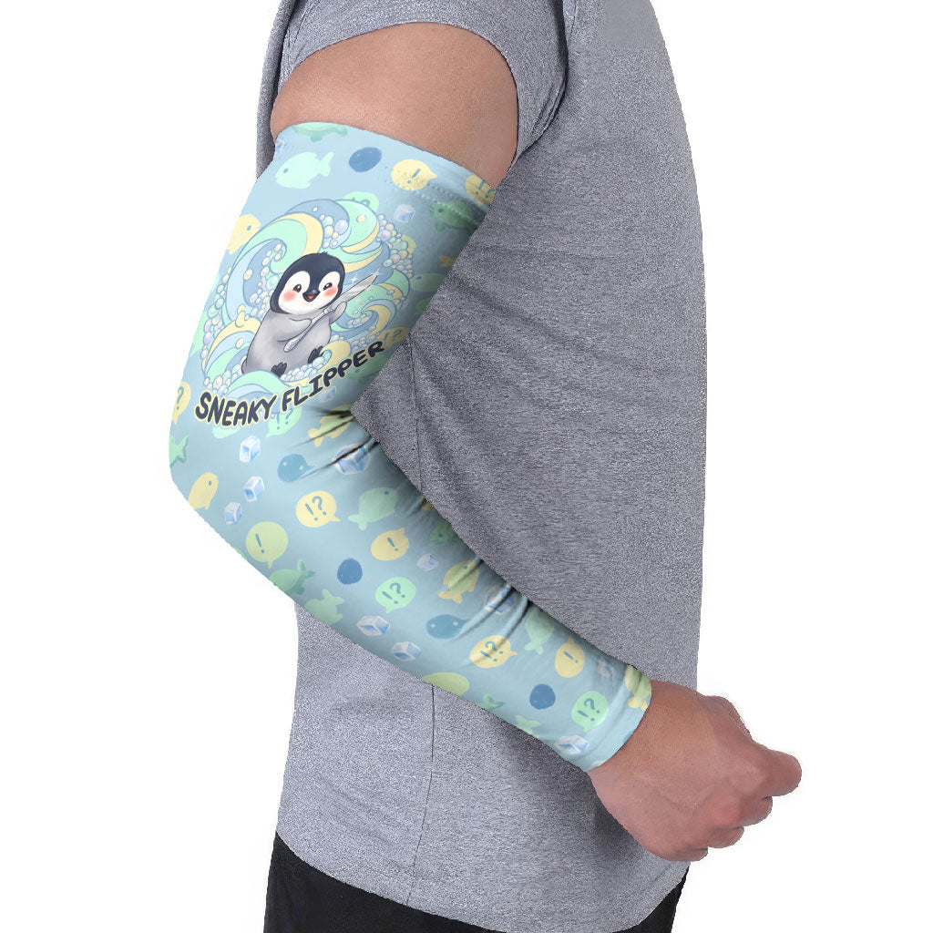 Sneaky Flipper Cute Penguin Holding Knife Arm Sleeves Funny Chibi Penguin Graphic With Ice And Fish Pattern