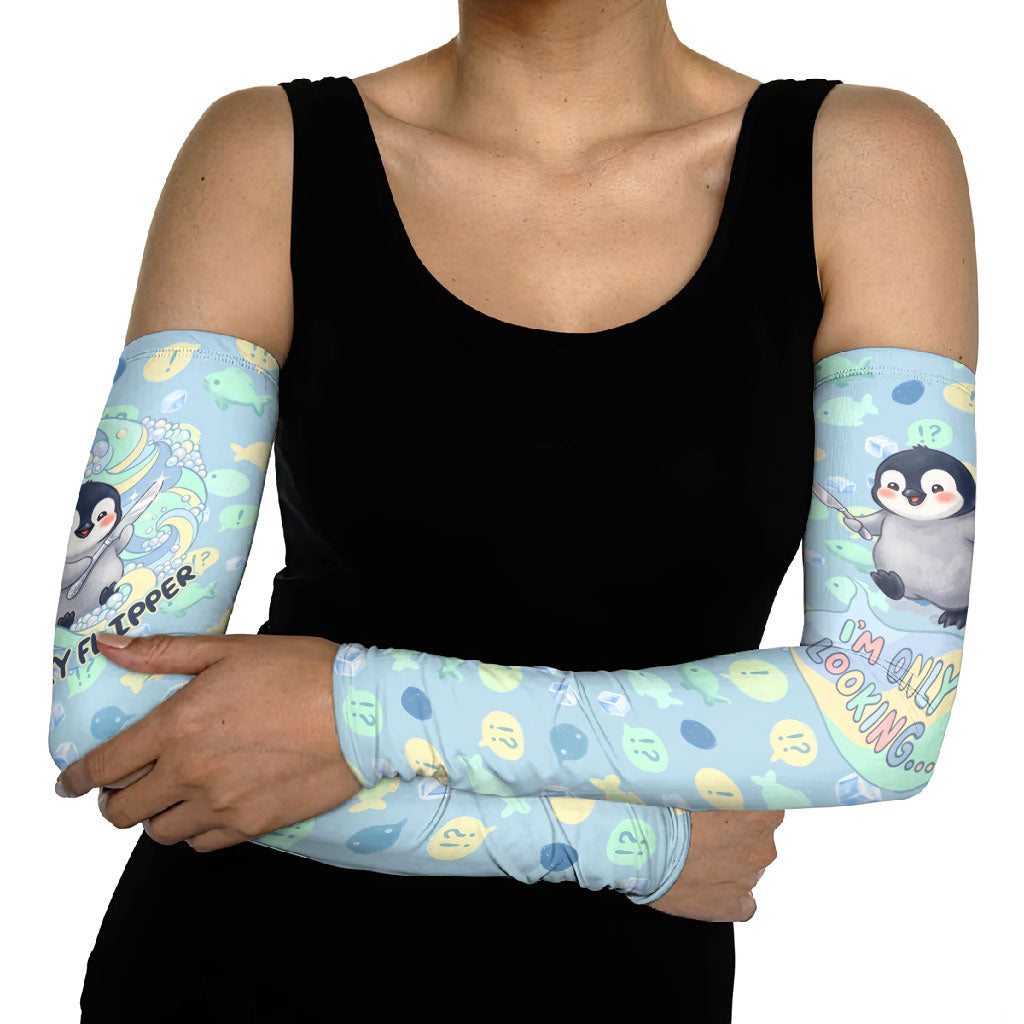Sneaky Flipper Cute Penguin Holding Knife Arm Sleeves Funny Chibi Penguin Graphic With Ice And Fish Pattern