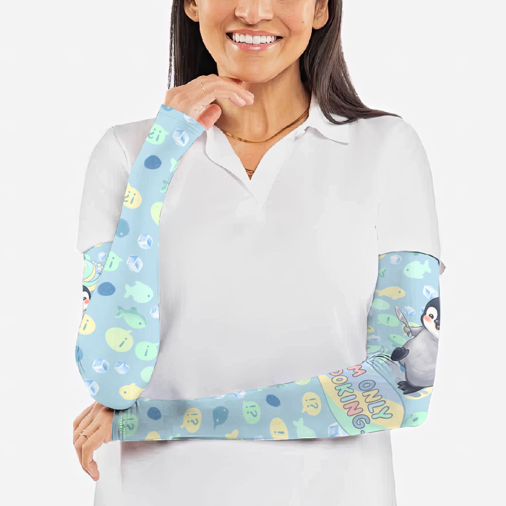 Sneaky Flipper Cute Penguin Holding Knife Arm Sleeves Funny Chibi Penguin Graphic With Ice And Fish Pattern