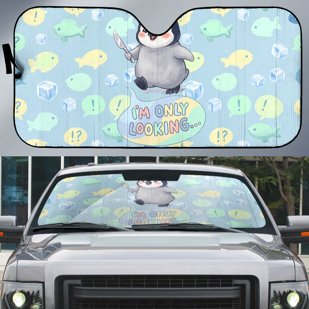 Sneaky Flipper Cute Penguin Holding Knife Auto Sun Shade Funny Chibi Penguin Graphic With Ice And Fish Pattern