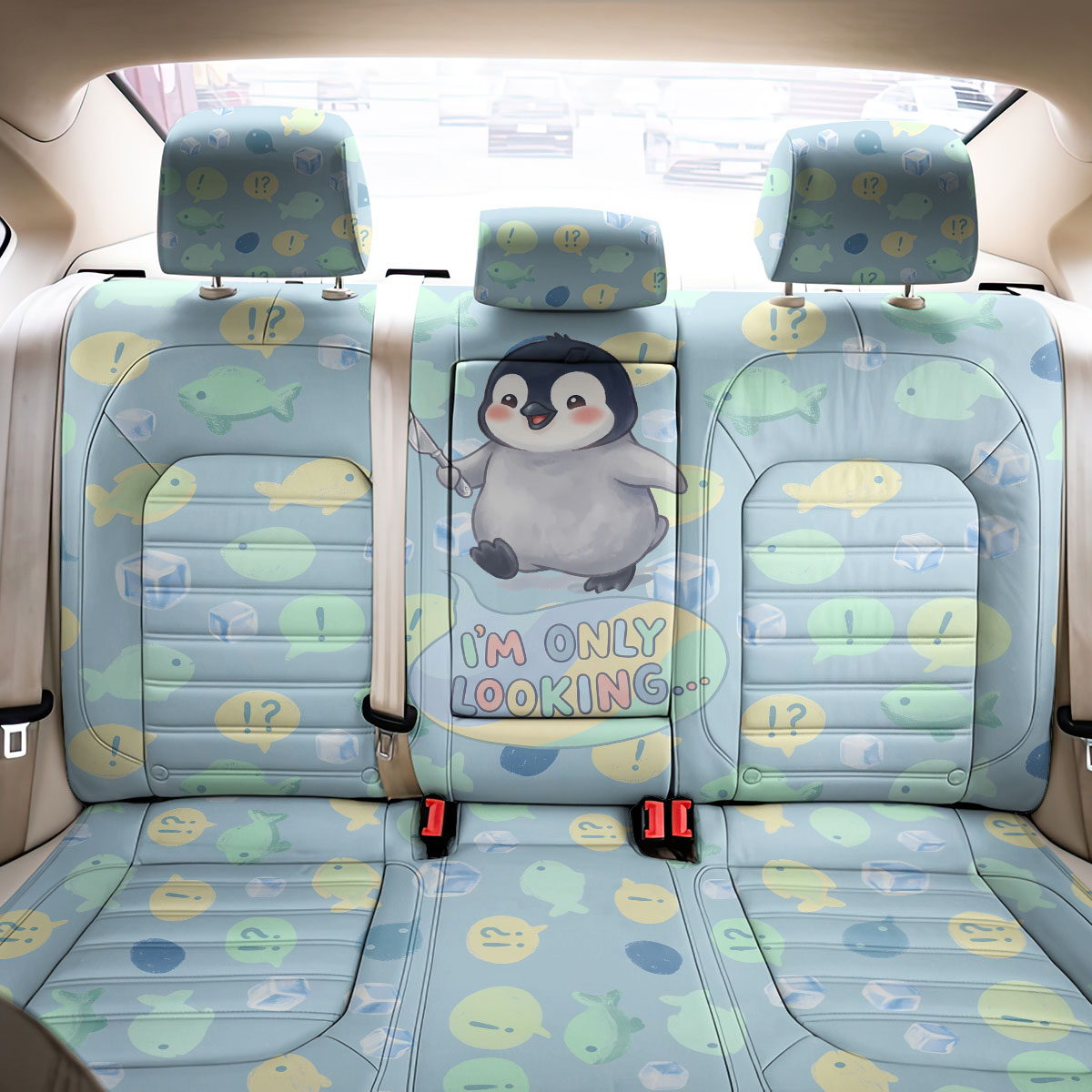 Sneaky Flipper Cute Penguin Holding Knife Back Car Seat Cover Funny Chibi Penguin Graphic With Ice And Fish Pattern
