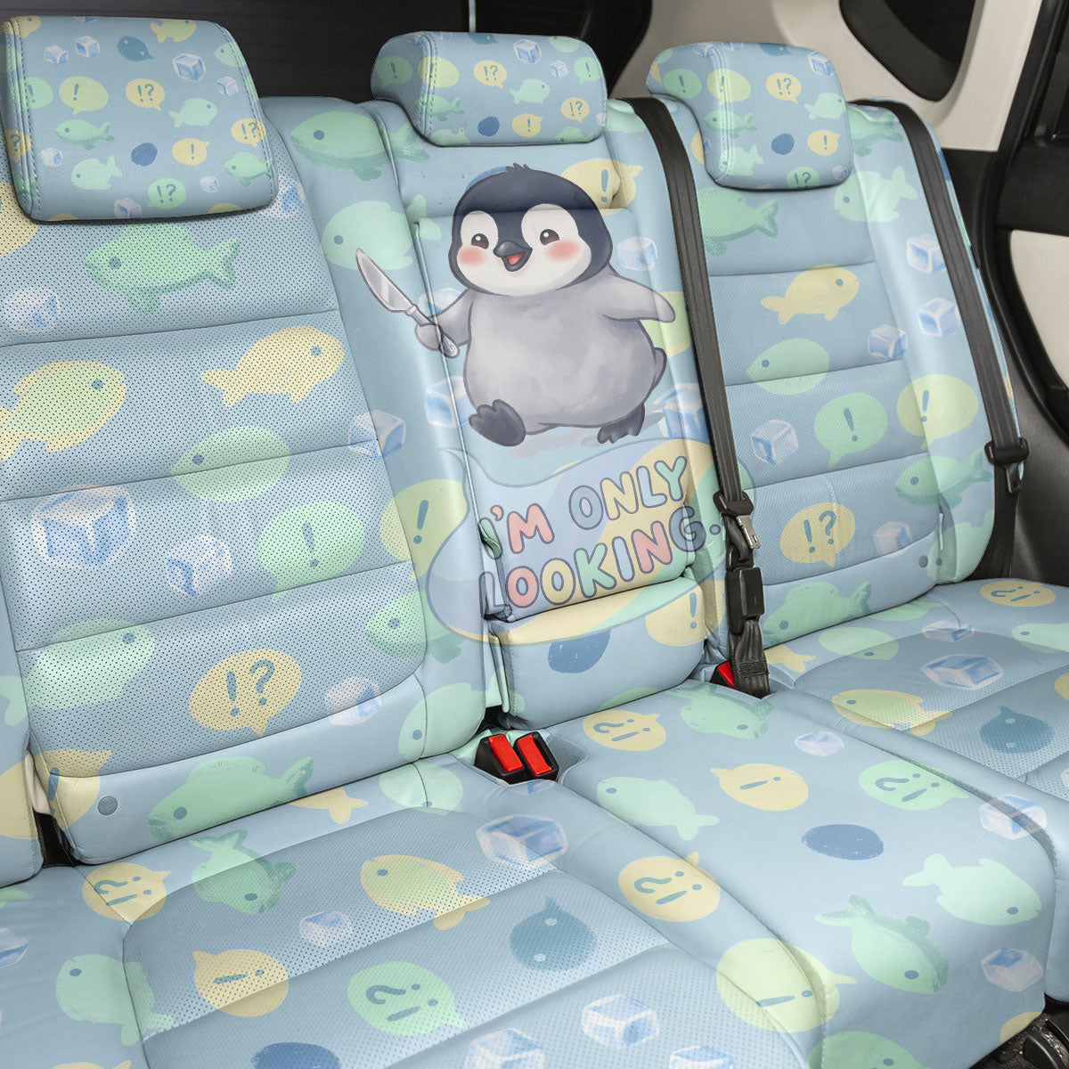 Sneaky Flipper Cute Penguin Holding Knife Back Car Seat Cover Funny Chibi Penguin Graphic With Ice And Fish Pattern