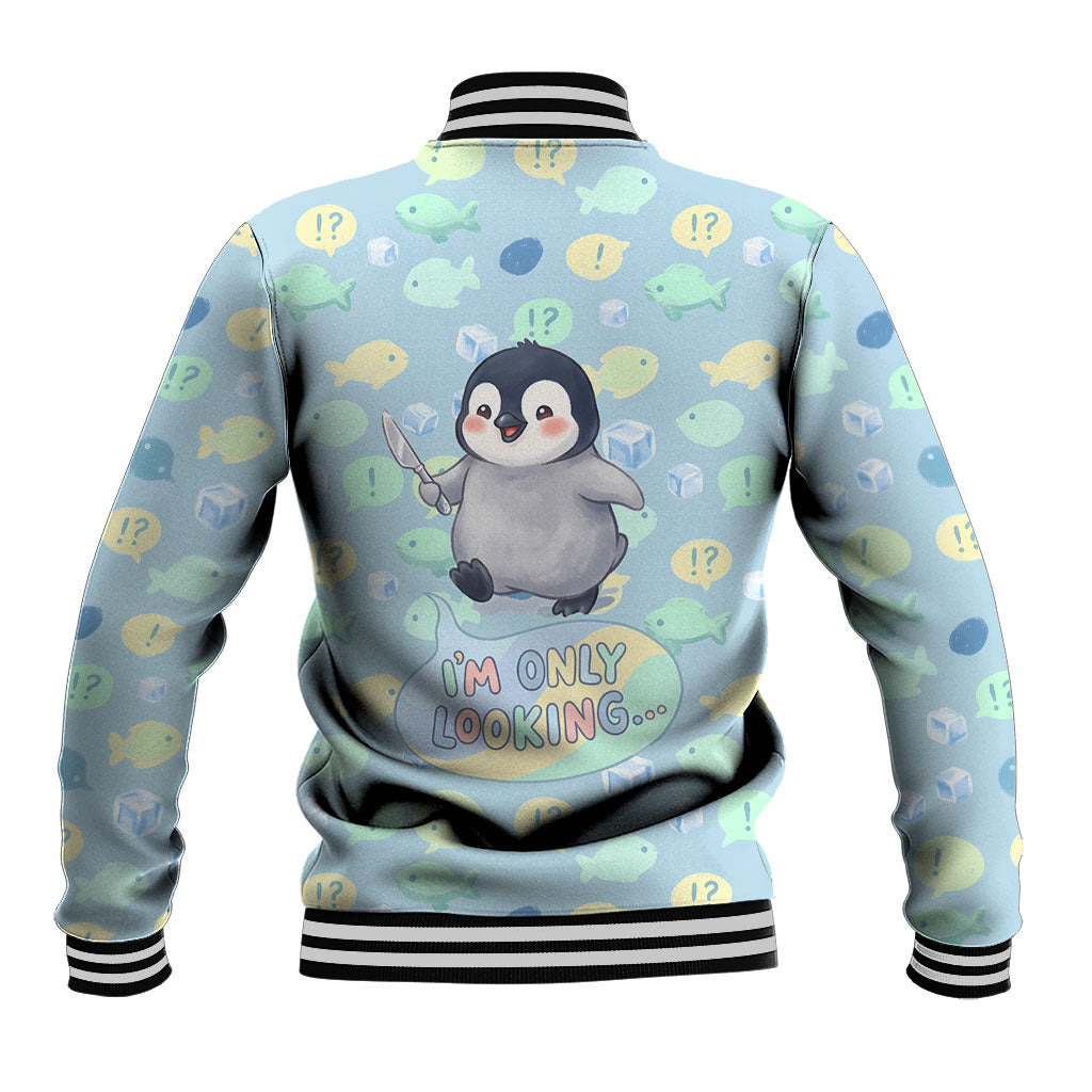 Sneaky Flipper Cute Penguin Holding Knife Baseball Jacket Funny Chibi Penguin Graphic With Ice And Fish Pattern