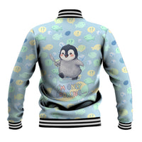 Sneaky Flipper Cute Penguin Holding Knife Baseball Jacket Funny Chibi Penguin Graphic With Ice And Fish Pattern