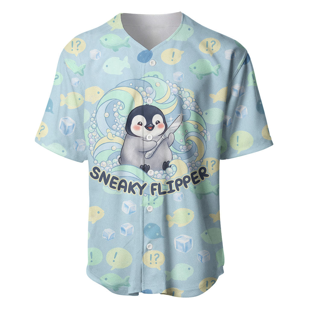 Sneaky Flipper Cute Penguin Holding Knife Baseball Jersey Funny Chibi Penguin Graphic With Ice And Fish Pattern