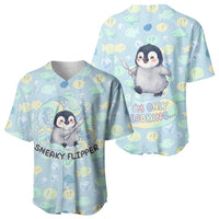 Sneaky Flipper Cute Penguin Holding Knife Baseball Jersey Funny Chibi Penguin Graphic With Ice And Fish Pattern