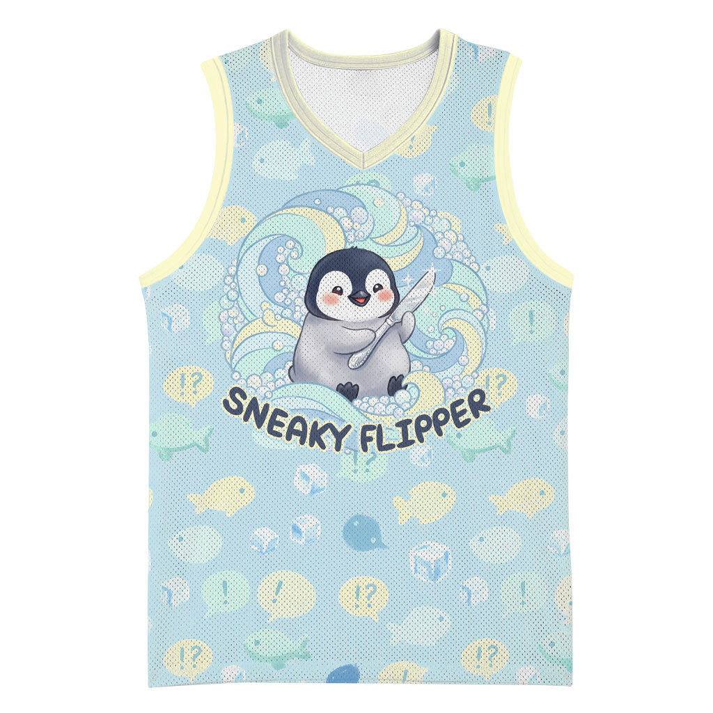 Sneaky Flipper Cute Penguin Holding Knife Basketball Jersey Funny Chibi Penguin Graphic With Ice And Fish Pattern