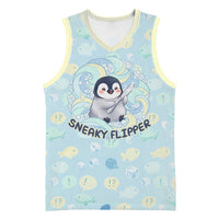 Sneaky Flipper Cute Penguin Holding Knife Basketball Jersey Funny Chibi Penguin Graphic With Ice And Fish Pattern