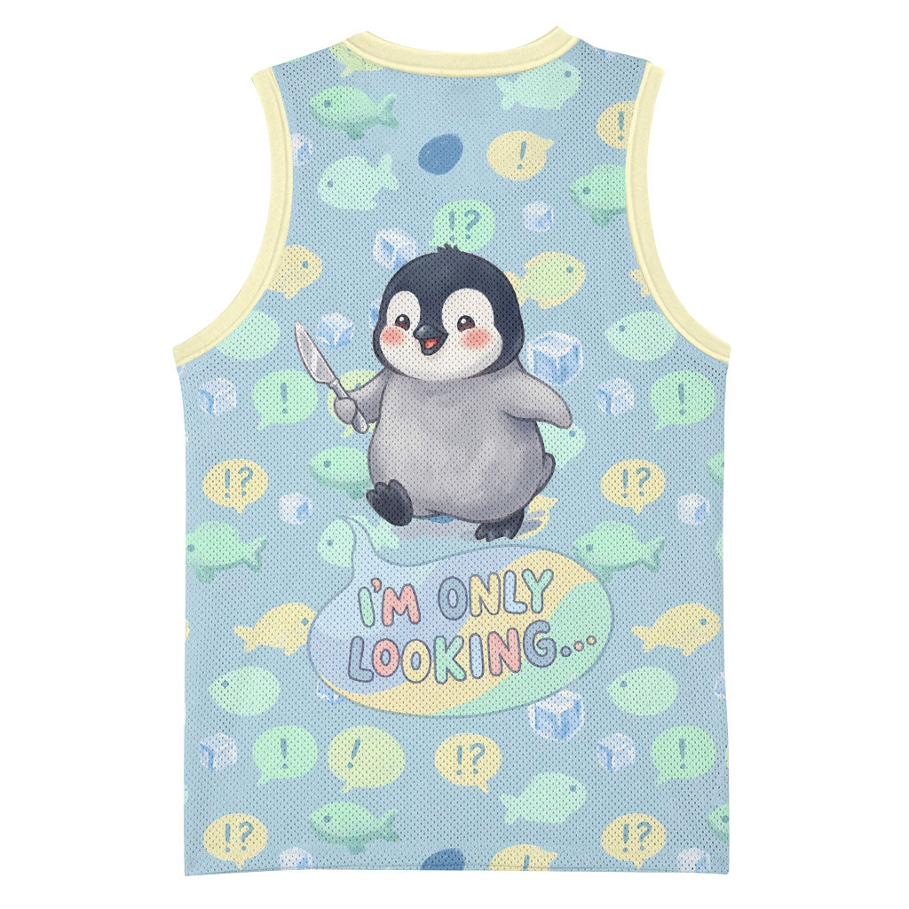 Sneaky Flipper Cute Penguin Holding Knife Basketball Jersey Funny Chibi Penguin Graphic With Ice And Fish Pattern