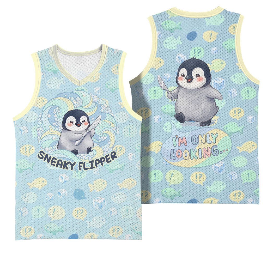 Sneaky Flipper Cute Penguin Holding Knife Basketball Jersey Funny Chibi Penguin Graphic With Ice And Fish Pattern
