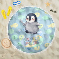 Sneaky Flipper Cute Penguin Holding Knife Beach Blanket Funny Chibi Penguin Graphic With Ice And Fish Pattern