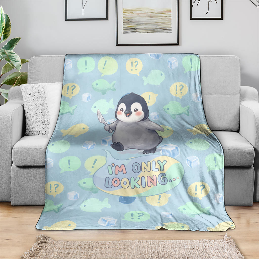 Sneaky Flipper Cute Penguin Holding Knife Blanket Funny Chibi Penguin Graphic With Ice And Fish Pattern