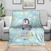 Sneaky Flipper Cute Penguin Holding Knife Blanket Funny Chibi Penguin Graphic With Ice And Fish Pattern