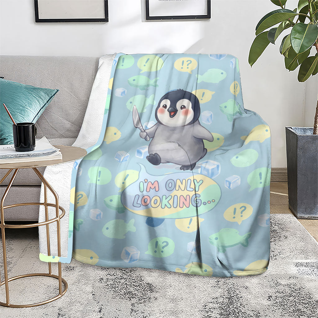 Sneaky Flipper Cute Penguin Holding Knife Blanket Funny Chibi Penguin Graphic With Ice And Fish Pattern