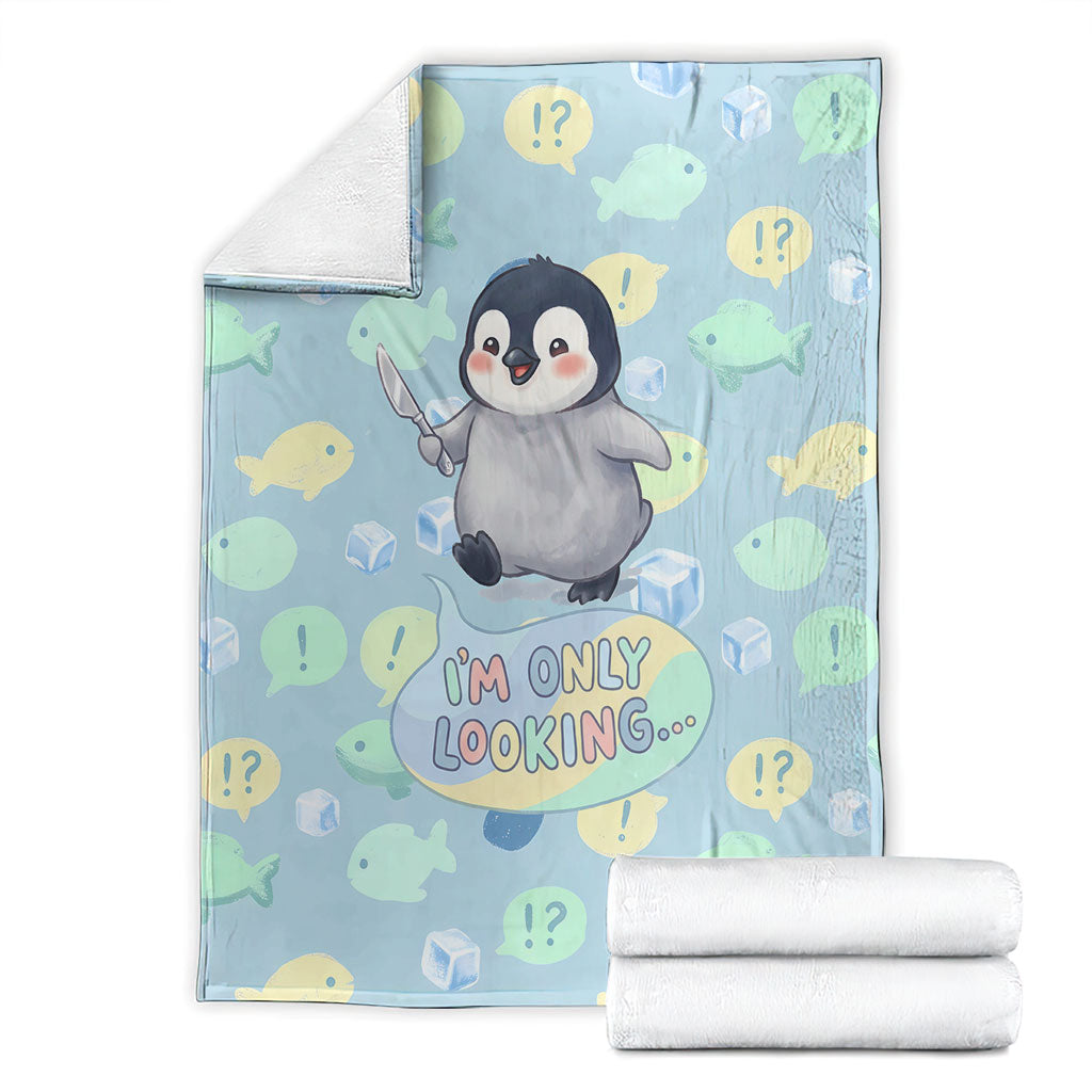 Sneaky Flipper Cute Penguin Holding Knife Blanket Funny Chibi Penguin Graphic With Ice And Fish Pattern
