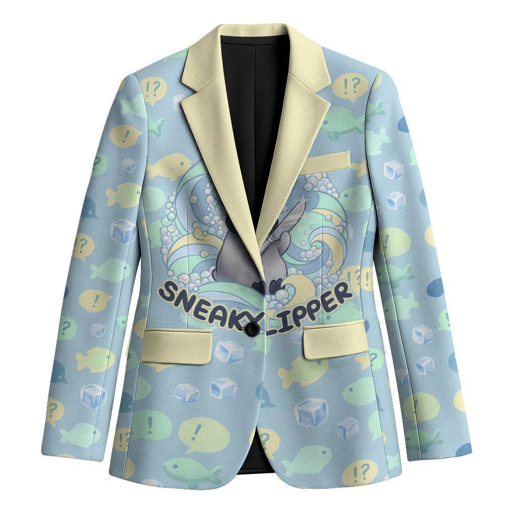 Sneaky Flipper Cute Penguin Holding Knife Blazer Funny Chibi Penguin Graphic With Ice And Fish Pattern