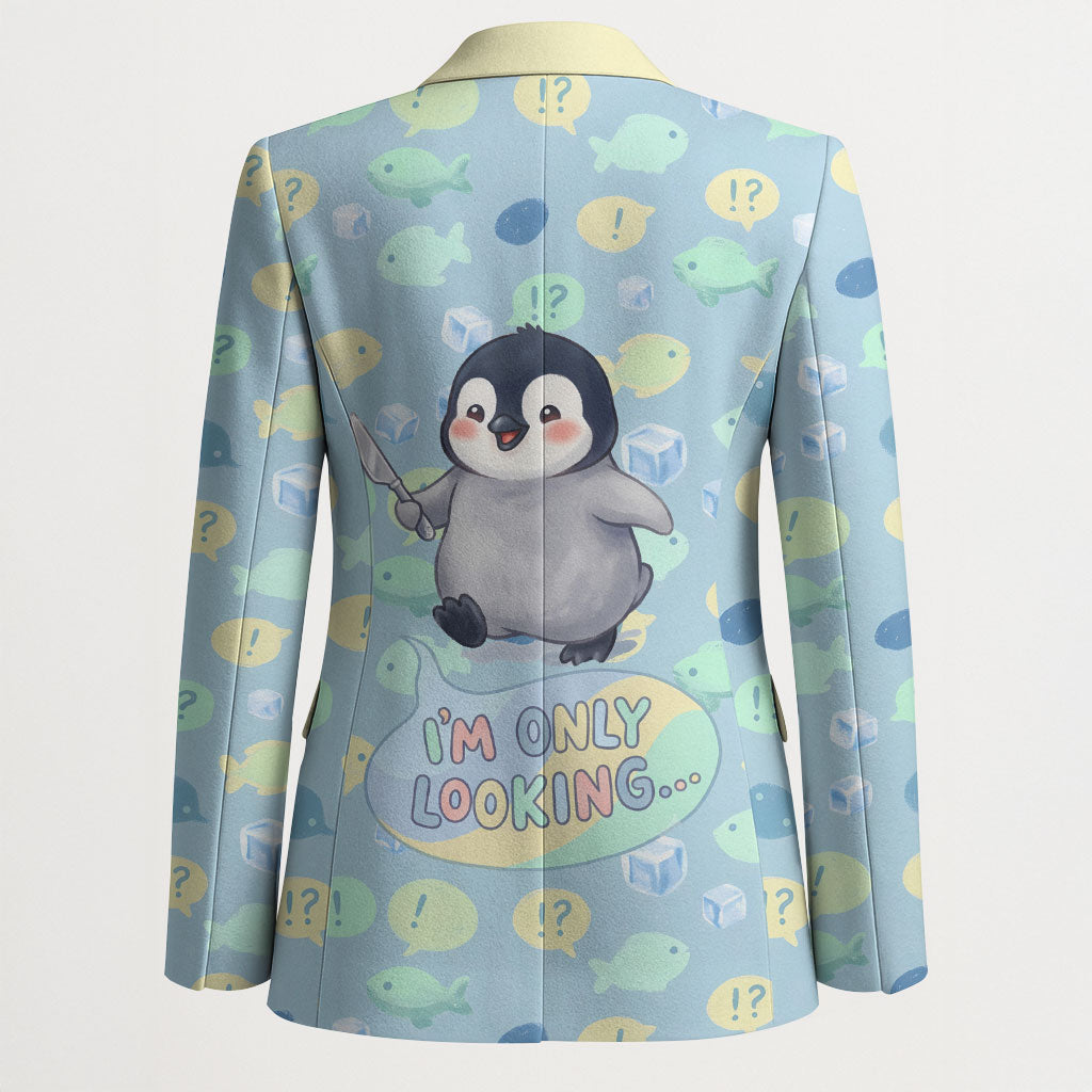 Sneaky Flipper Cute Penguin Holding Knife Blazer Funny Chibi Penguin Graphic With Ice And Fish Pattern