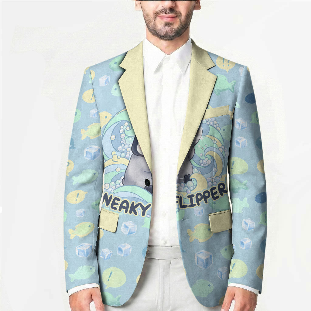 Sneaky Flipper Cute Penguin Holding Knife Blazer Funny Chibi Penguin Graphic With Ice And Fish Pattern