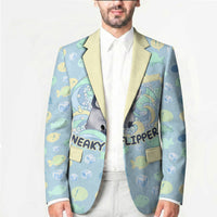 Sneaky Flipper Cute Penguin Holding Knife Blazer Funny Chibi Penguin Graphic With Ice And Fish Pattern