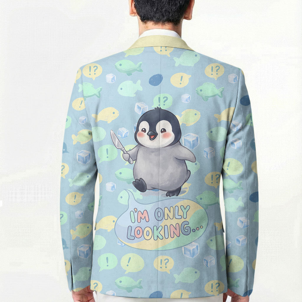 Sneaky Flipper Cute Penguin Holding Knife Blazer Funny Chibi Penguin Graphic With Ice And Fish Pattern