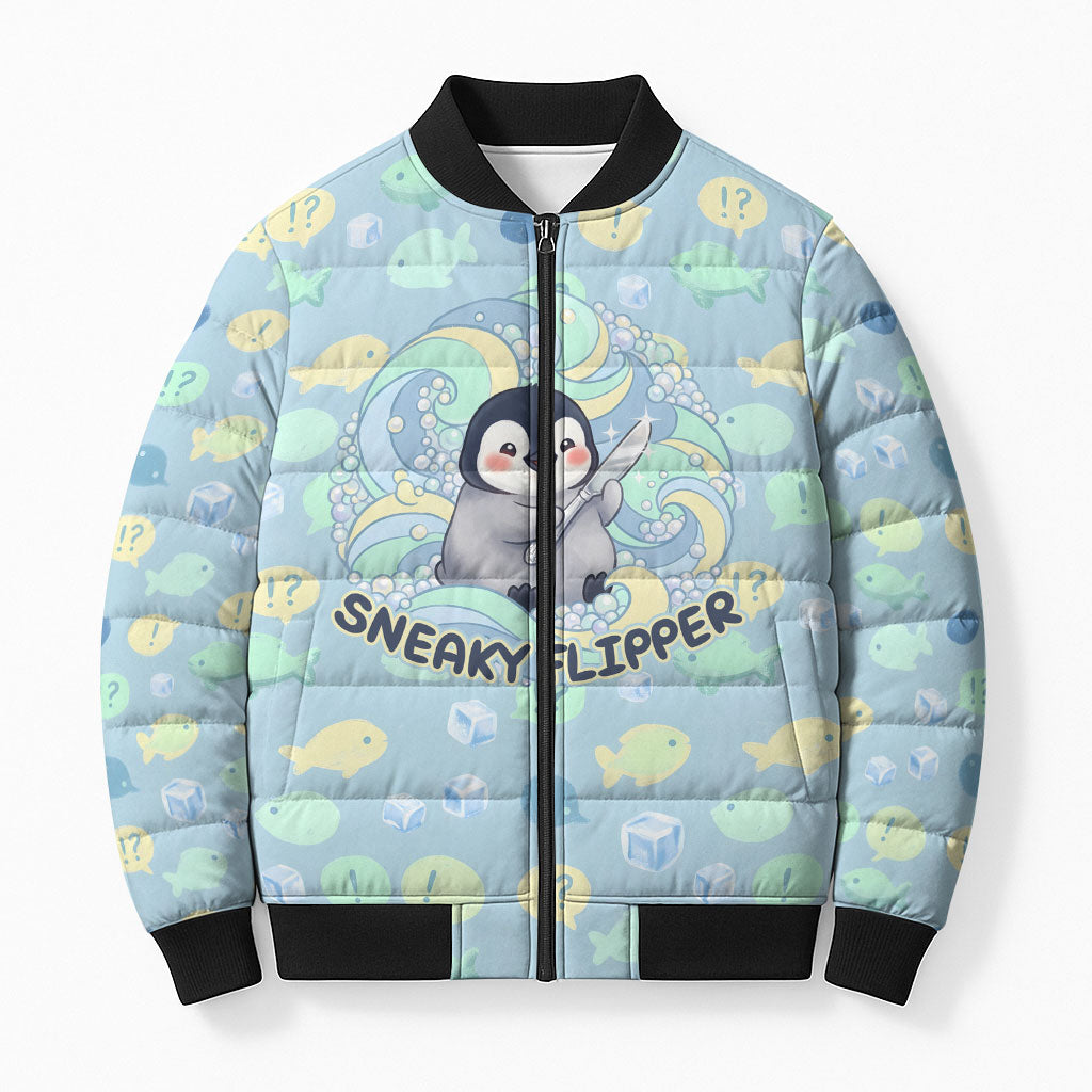 Sneaky Flipper Cute Penguin Holding Knife Bomber Puffer Jacket Funny Chibi Penguin Graphic With Ice And Fish Pattern