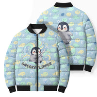 Sneaky Flipper Cute Penguin Holding Knife Bomber Puffer Jacket Funny Chibi Penguin Graphic With Ice And Fish Pattern