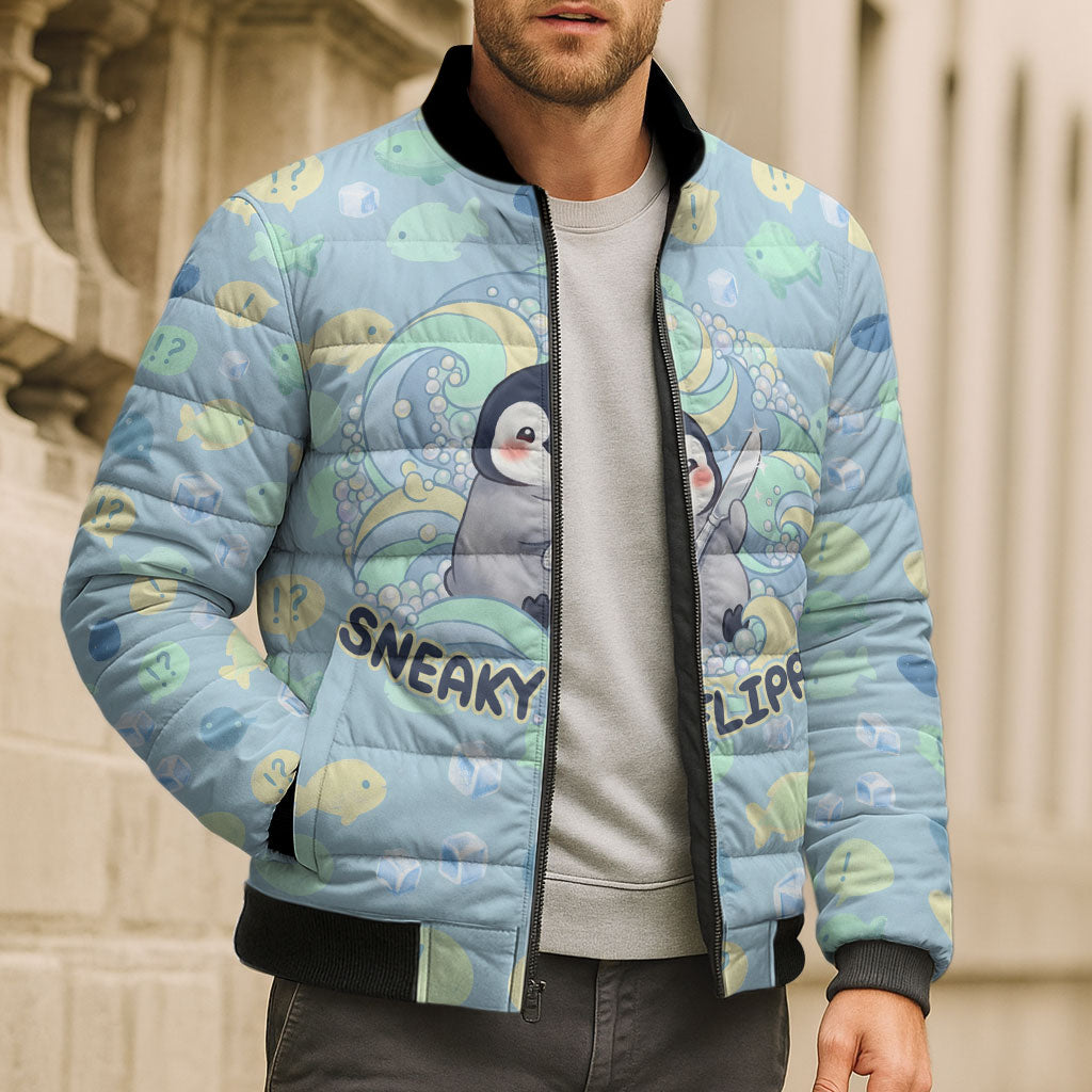 Sneaky Flipper Cute Penguin Holding Knife Bomber Puffer Jacket Funny Chibi Penguin Graphic With Ice And Fish Pattern