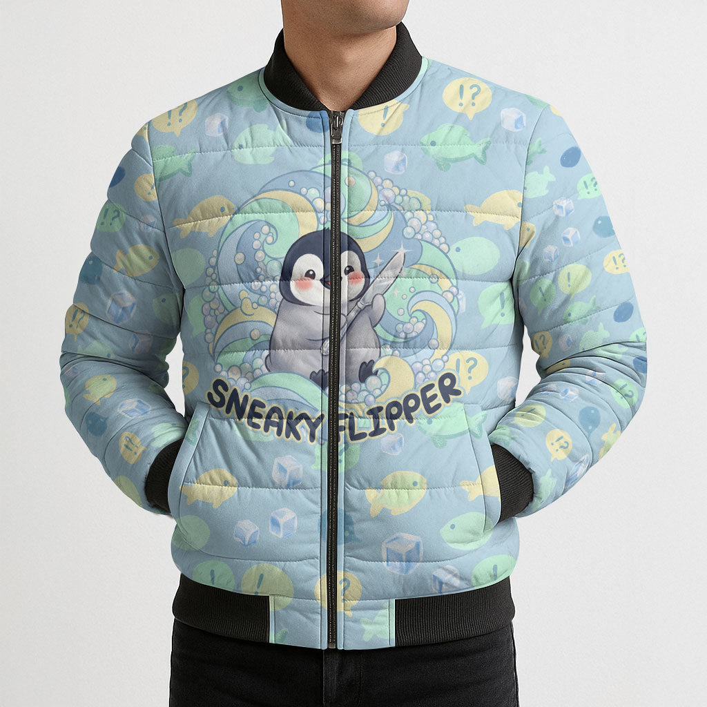 Sneaky Flipper Cute Penguin Holding Knife Bomber Puffer Jacket Funny Chibi Penguin Graphic With Ice And Fish Pattern
