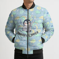 Sneaky Flipper Cute Penguin Holding Knife Bomber Puffer Jacket Funny Chibi Penguin Graphic With Ice And Fish Pattern