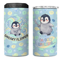 Sneaky Flipper Cute Penguin Holding Knife 4 in 1 Can Cooler Tumbler Funny Chibi Penguin Graphic With Ice And Fish Pattern