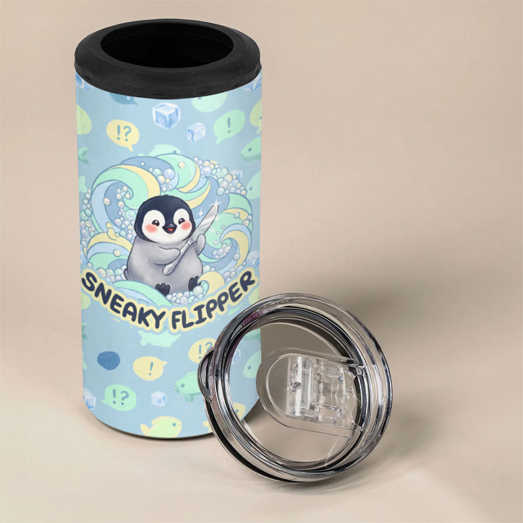 Sneaky Flipper Cute Penguin Holding Knife 4 in 1 Can Cooler Tumbler Funny Chibi Penguin Graphic With Ice And Fish Pattern