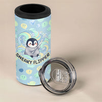 Sneaky Flipper Cute Penguin Holding Knife 4 in 1 Can Cooler Tumbler Funny Chibi Penguin Graphic With Ice And Fish Pattern
