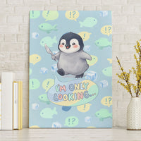Sneaky Flipper Cute Penguin Holding Knife Canvas Wall Art Funny Chibi Penguin Graphic With Ice And Fish Pattern