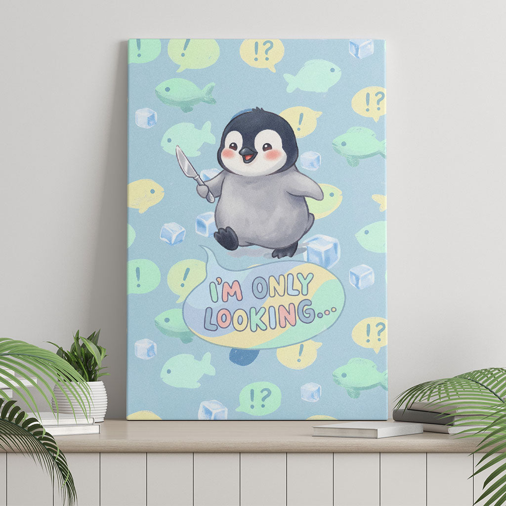 Sneaky Flipper Cute Penguin Holding Knife Canvas Wall Art Funny Chibi Penguin Graphic With Ice And Fish Pattern