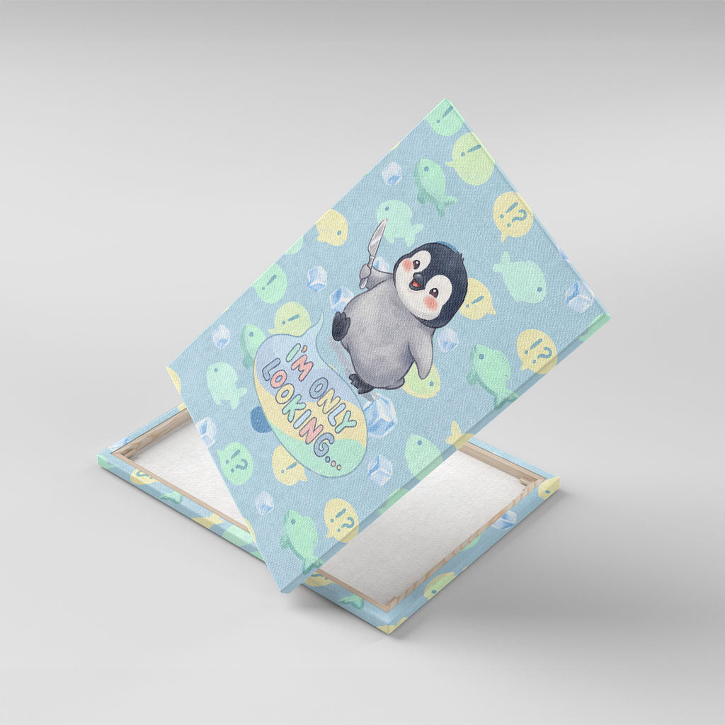 Sneaky Flipper Cute Penguin Holding Knife Canvas Wall Art Funny Chibi Penguin Graphic With Ice And Fish Pattern