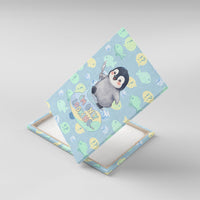 Sneaky Flipper Cute Penguin Holding Knife Canvas Wall Art Funny Chibi Penguin Graphic With Ice And Fish Pattern