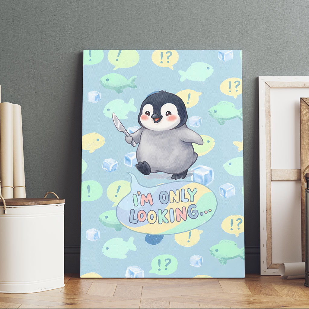Sneaky Flipper Cute Penguin Holding Knife Canvas Wall Art Funny Chibi Penguin Graphic With Ice And Fish Pattern