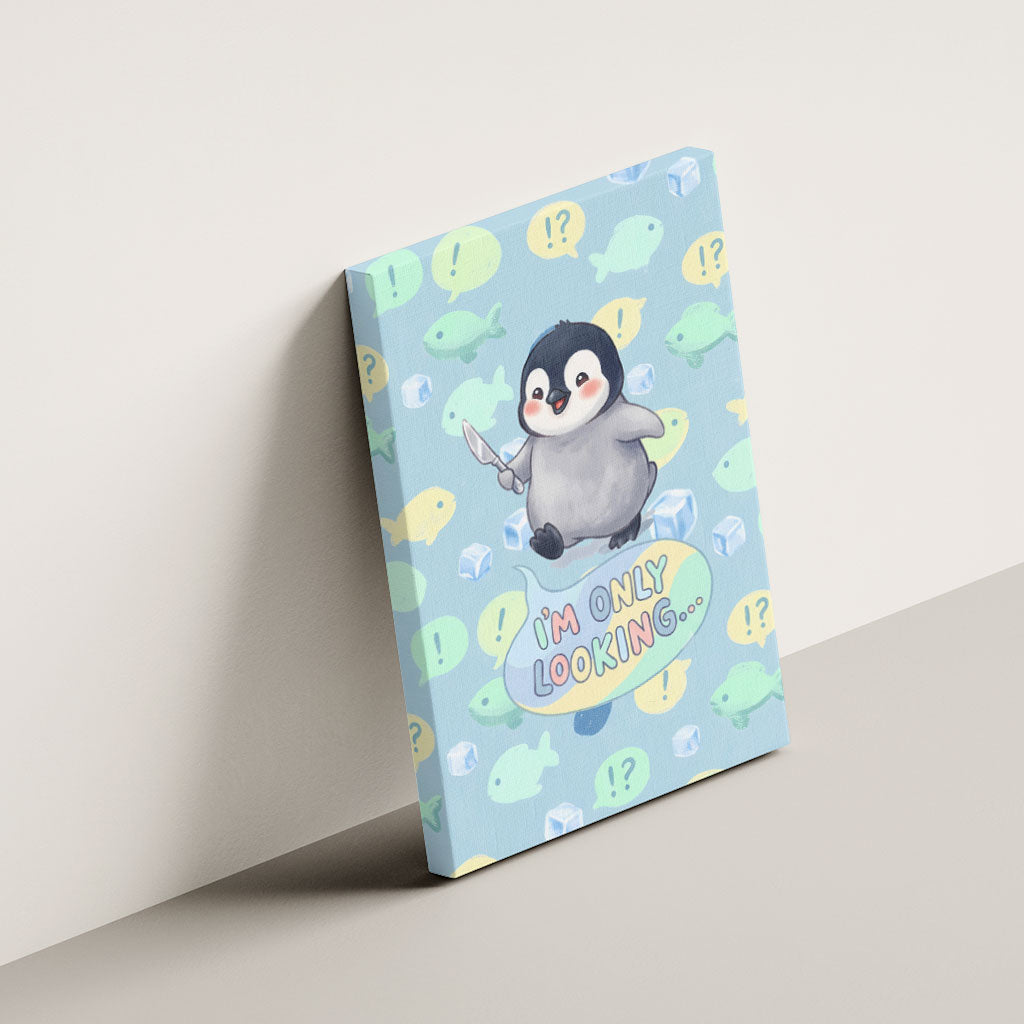 Sneaky Flipper Cute Penguin Holding Knife Canvas Wall Art Funny Chibi Penguin Graphic With Ice And Fish Pattern