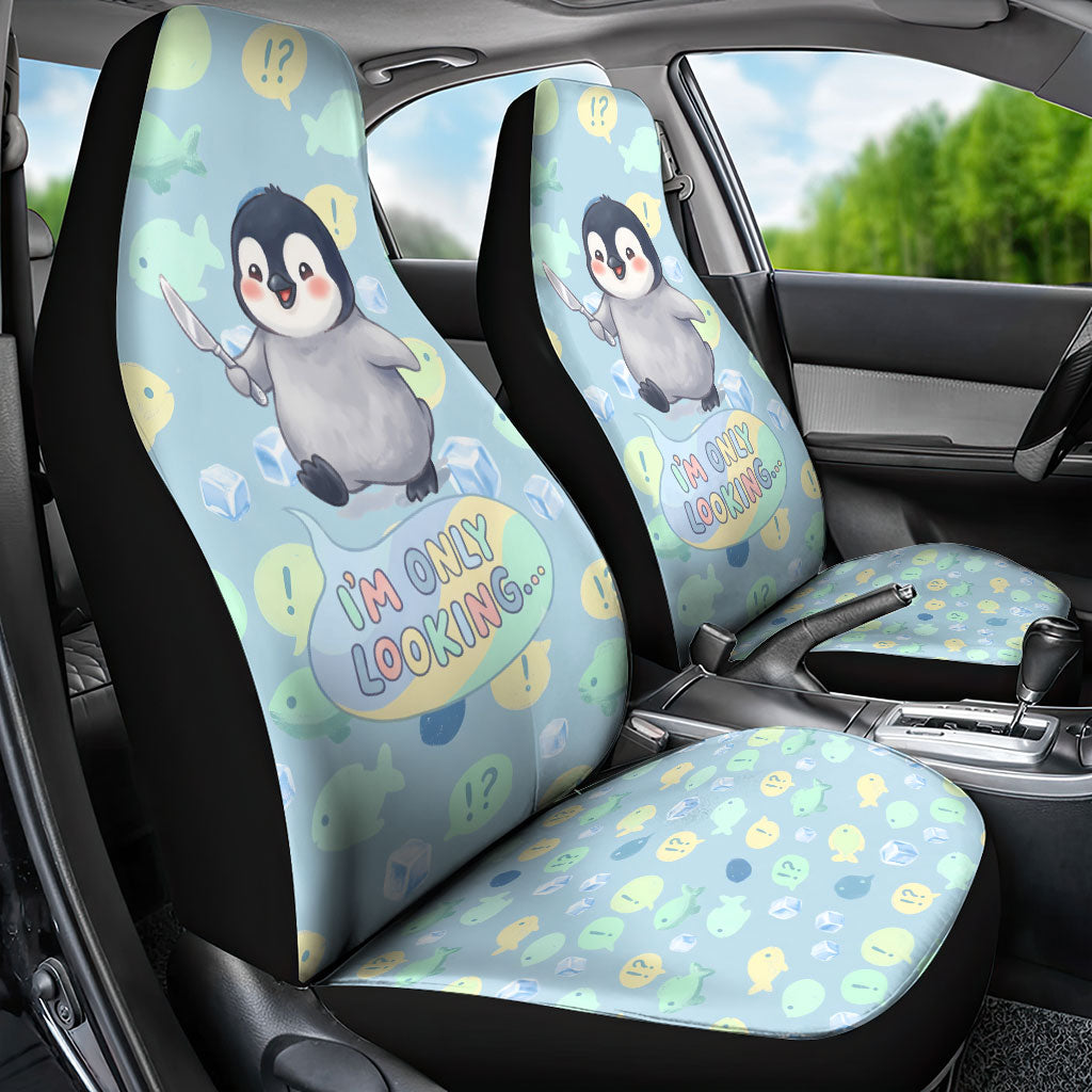 Sneaky Flipper Cute Penguin Holding Knife Car Seat Cover Funny Chibi Penguin Graphic With Ice And Fish Pattern